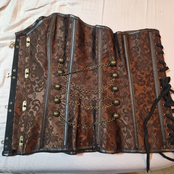 Brown Brocade Corset with Gold Accents - Picture 2 of 3